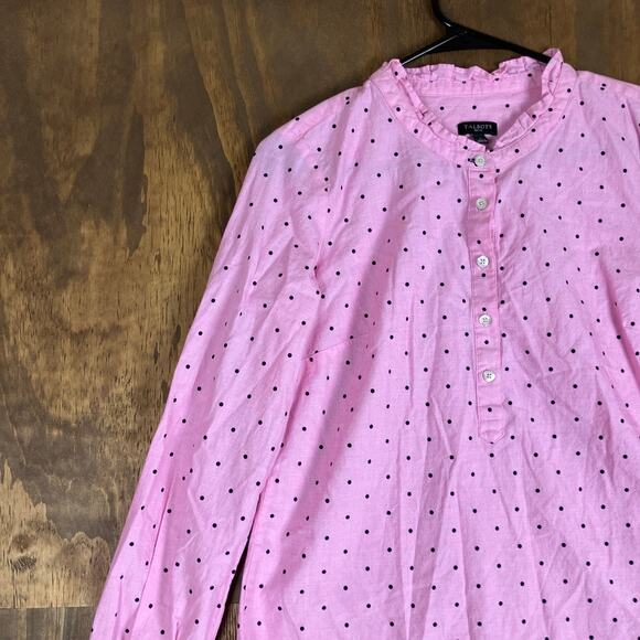 Talbots Womens Blouse Pink Black Polka Dot Ruffle Neck Long Sleeve Petite - Picture 4 of 12